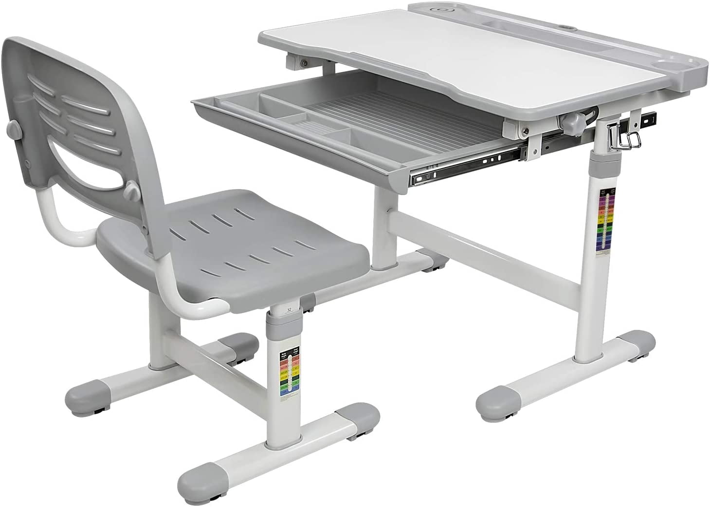DYPDM Desk and Chair Set Height Adjustable Ergonomic Children's School Workstation with STORAGE Drawer Grey (Grey)
