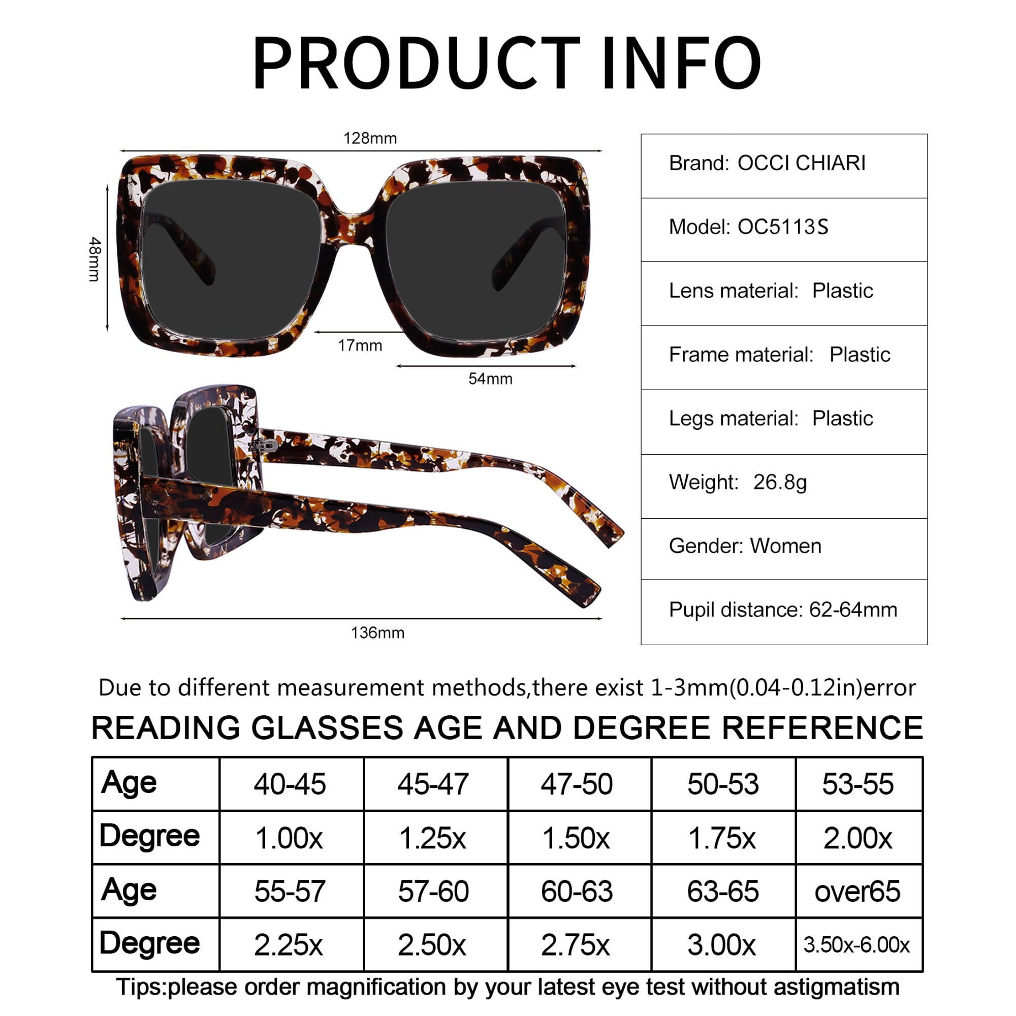 OCCI CHIARI Sunglasses Reading Glasses 2.0 Women UV Protection Sunglass Blue Light Blocking Readers Outdoor 1.0 1.25 1.5 1.75 2.0 2.25 2.5 2.75 3.0 3.5 (Tortoise, 2.00) Acrylic Lens