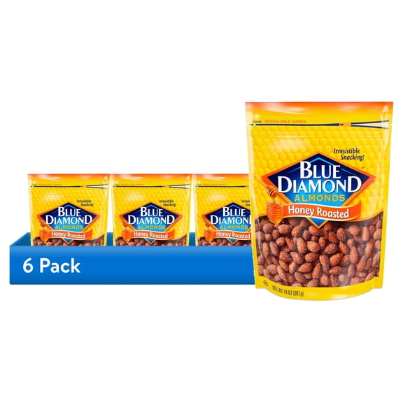 (6 pack) Blue Diamond Almonds, Classic and Sweet Honey Roasted Flavored Snack Nuts for Snacking, Lunches, Holiday, On-The-Go, Kids and Adults, 14oz Bag
