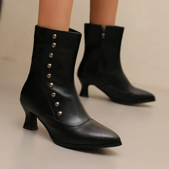 Bnwani Women Low Heel Boots Shoe Winter Fashion Pointed Zipper Ankle Fleece Warm Casual Solid Boot Black Size 5