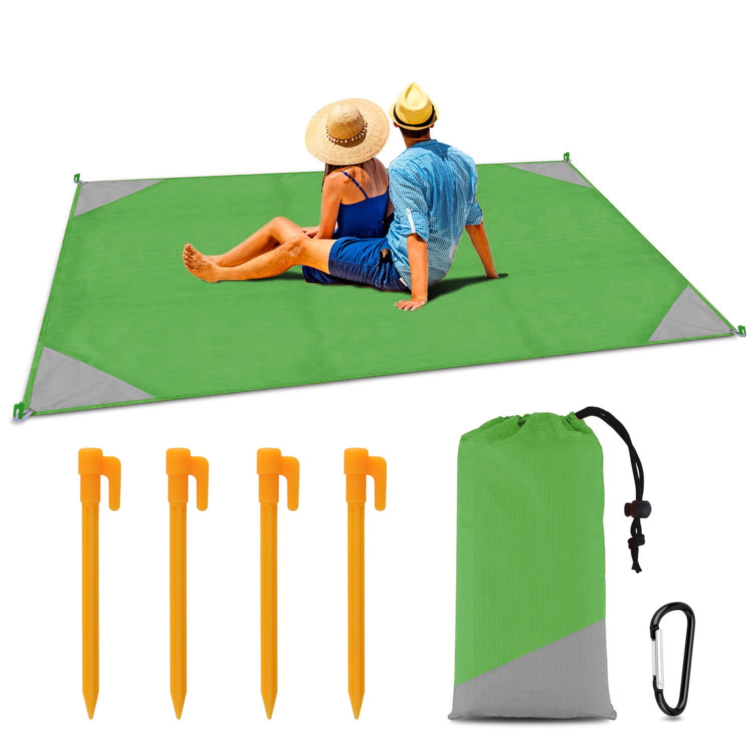 Voicrown Sand Proof Beach Mat for 4 Adults Picnic Blanket Hiking with 4 Metal Pile & 4 Corner Pockets Lightweight Camping Compact Sandfree Magic Sheets Quick Drying Durable for Travel 