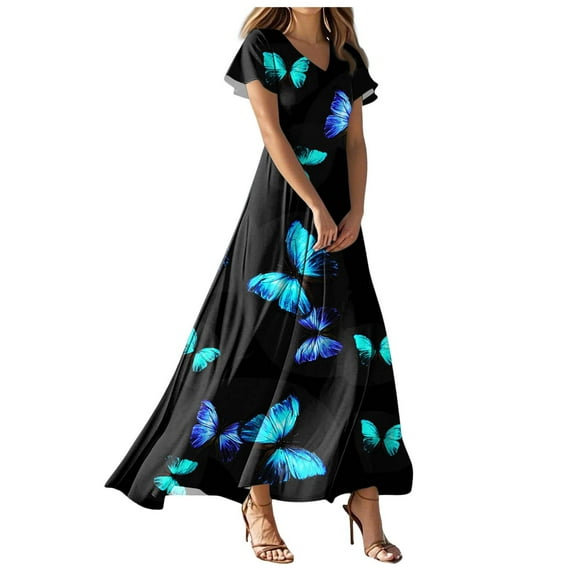 MNCEKFOD Dresses for Women 2025 Vintage V Neck Dress Short Sleeve with Trendy Print Ankle Length Relaxed Fit Dress Light Blue L