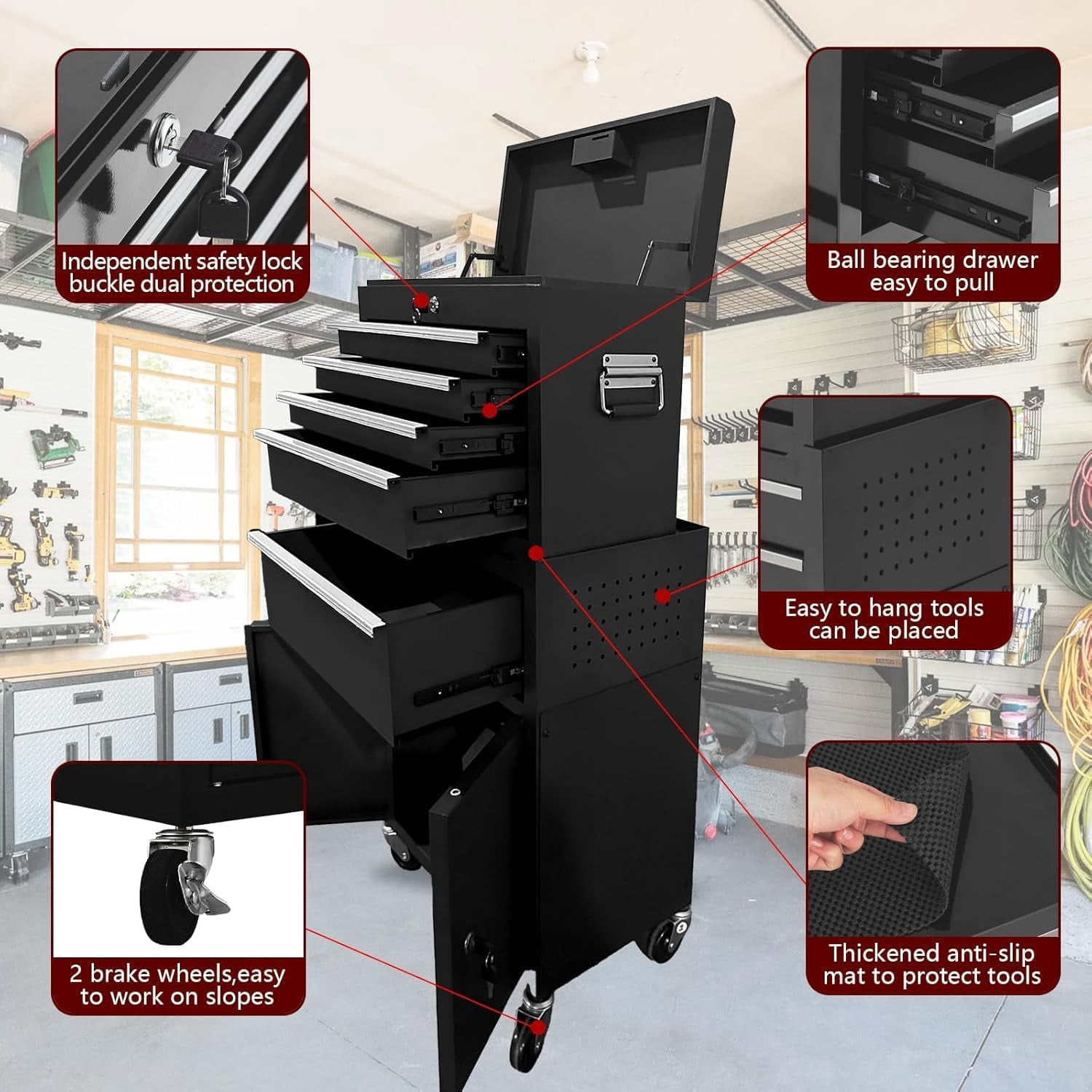 WildBreak 5 Drawers Tool Chest, with Wheels, Heavy Duty, for Garage & Workshop, Black