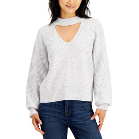 MSRP $44 Hooked Up by Iot Juniors' Mossy Choker Sweater Gray Size Medium