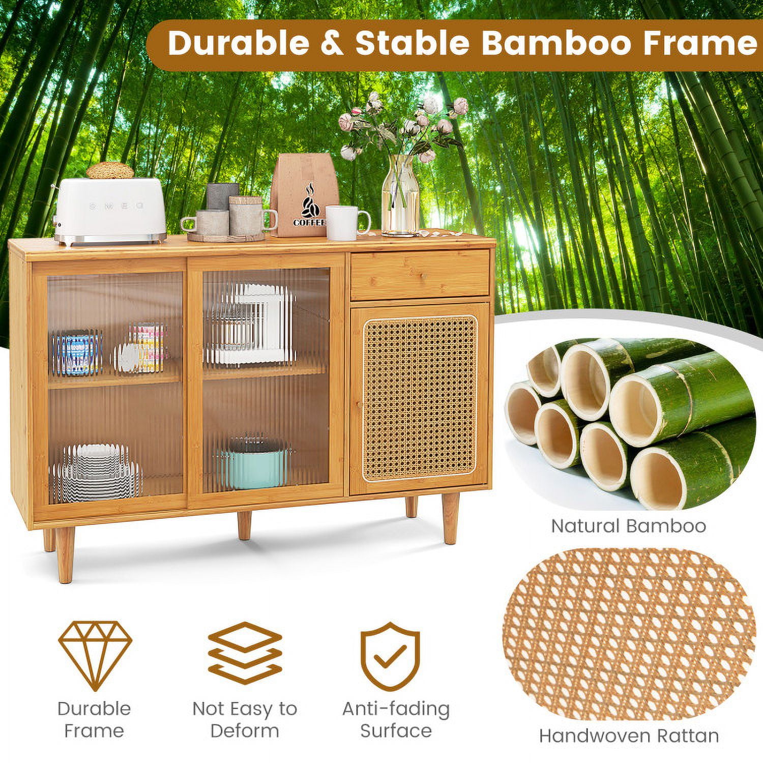 Finihen Kitchen Storage Cabinet, Buffet Sideboard, Modern Bamboo Buffet Sideboard Cabinet with Tempered Glass Sliding Doors, for Dining Room, Kitchen, Living Room, Natural