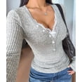 thumbnail image 6 of Women Lace Henley T Shirts Button Down Slim Fit Tops Long Sleeve V-Neck Tunic Top Blouse Light Gray M, 6 of 8
