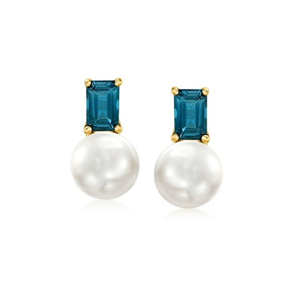 Ross-Simons 8-8.5mm Cultured Pearl and 1.20 ct. t.w. London Blue Topaz Earrings in 18kt Gold Over Sterling, Women's, Adult
