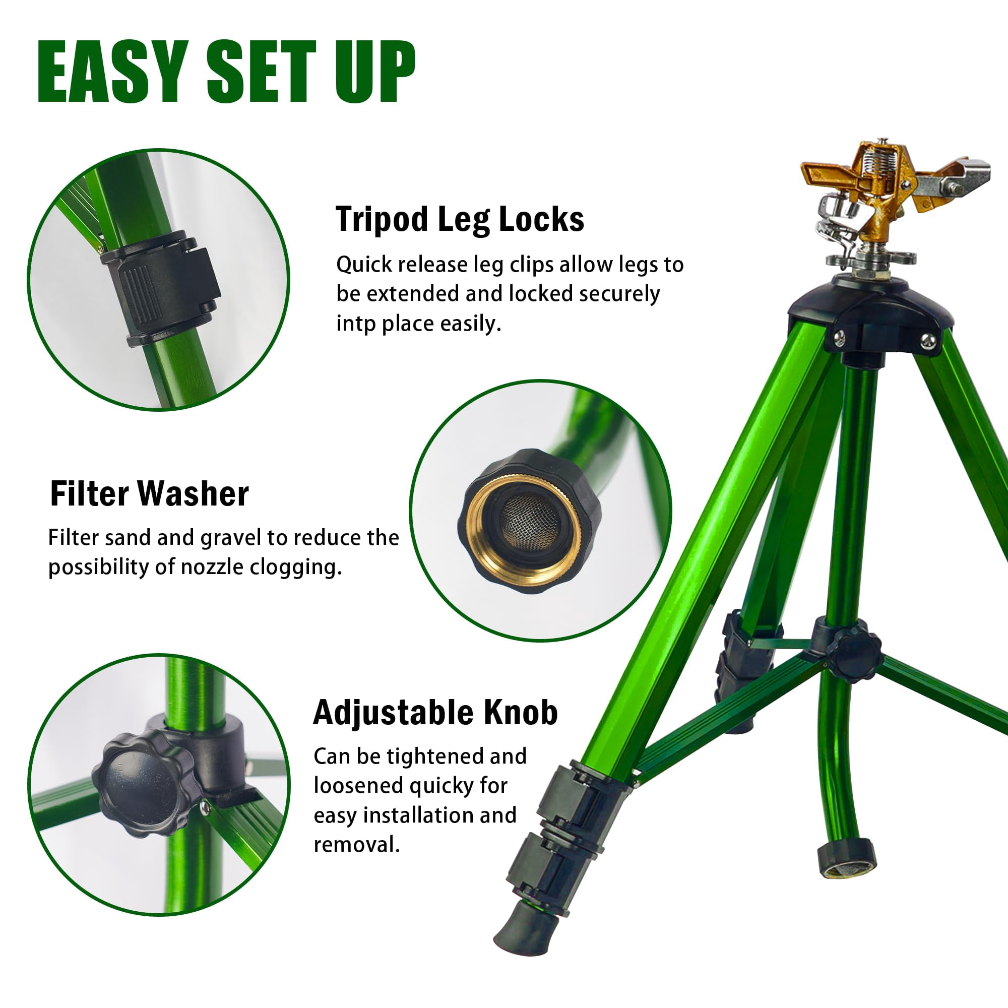 Impact Sprinkler On Tripod Base  Sprinklers With Head 360 Degree Large Area Irrigation Extension Flip Locks Heavy Duty 3/4" Connector For Lawn Yard Garden