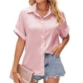 thumbnail image 1 of Women Short Sleeve Shirt Rolled Cuff Turn Down Collar Pure Color Button Closure Summer Satin Blouse, 1 of 6