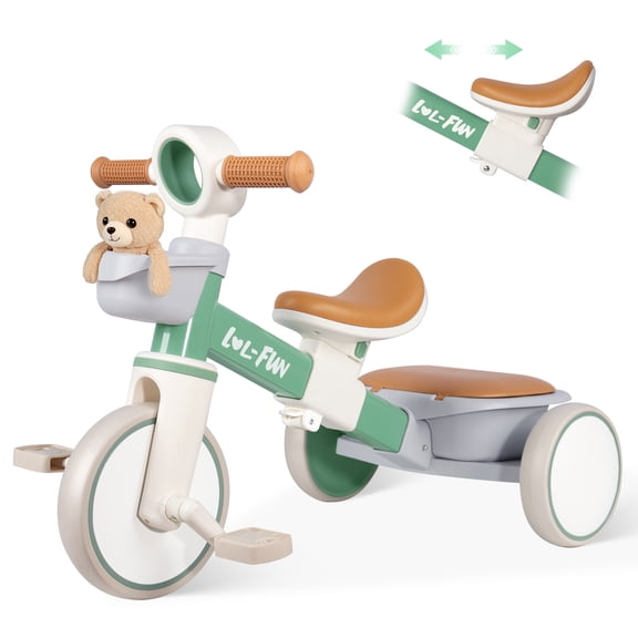 Adjustable Toddlers Tricycle with Storage Baskets& Removable Pedals, Kids Bike for Boys Girls Birthday Gift Age 2-4(Green)