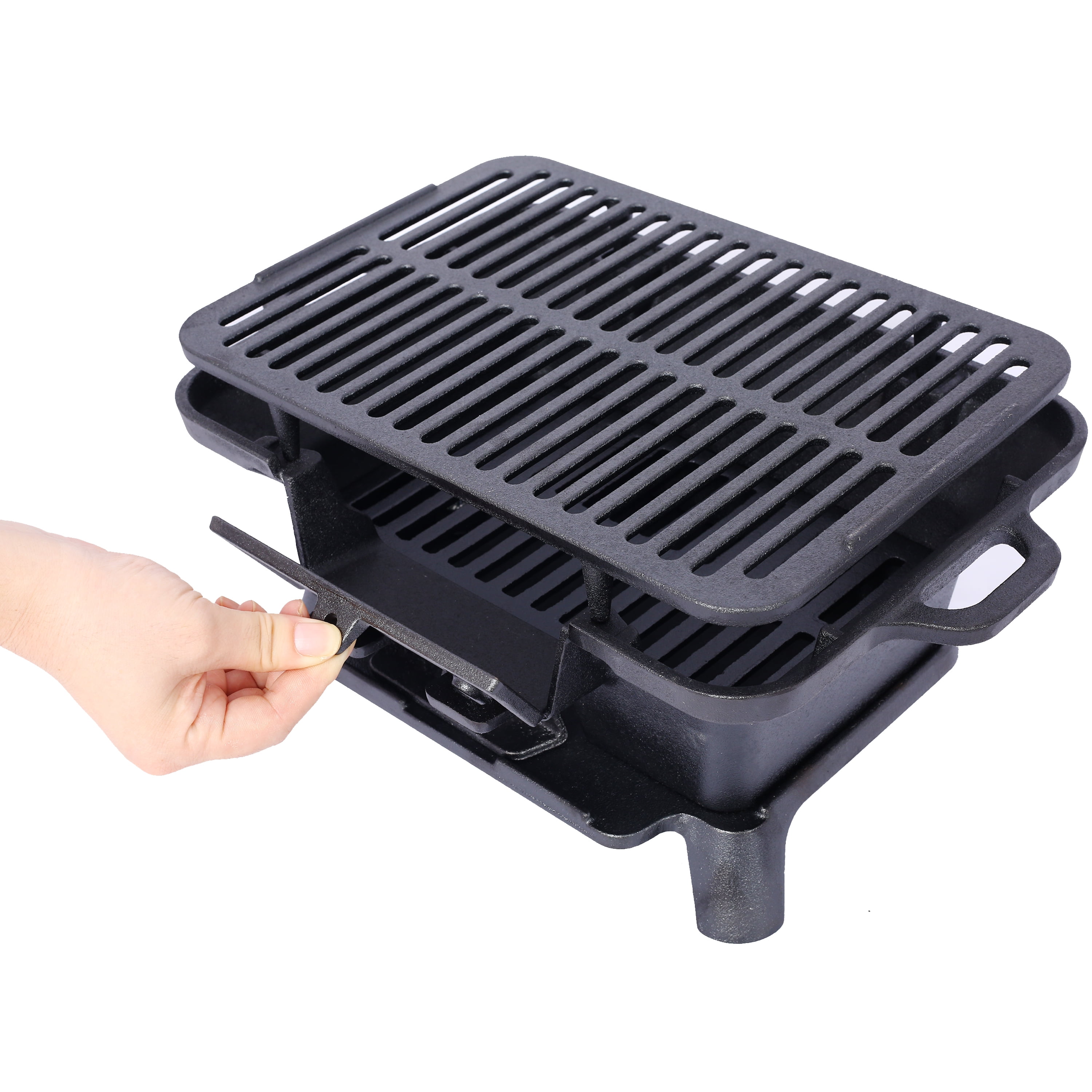 Cast Iron Hibachi Grill, Portable Charcoal Tabletop BBQ Grill with Skillet, Heavy Duty Compact Outdoor Grill for Camping, Picnic, Tailgating(Rectangle)