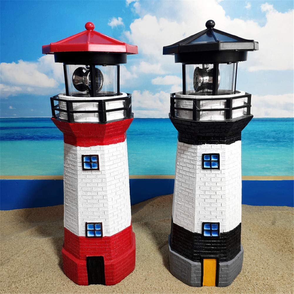 LED Solar Powered Lighthouse Statue Rotating Outdoor Garden Lawn Light Ornament 