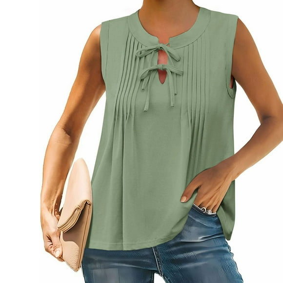 Summer Savings Clearance! Women’s Sleeveless Casual Tie Front Crewneck Pleated Shirt, Loose Flowy Top, Perfect for Summer Outings, Beach, or Casual Wear Clearance Sales Today Deals Prime
