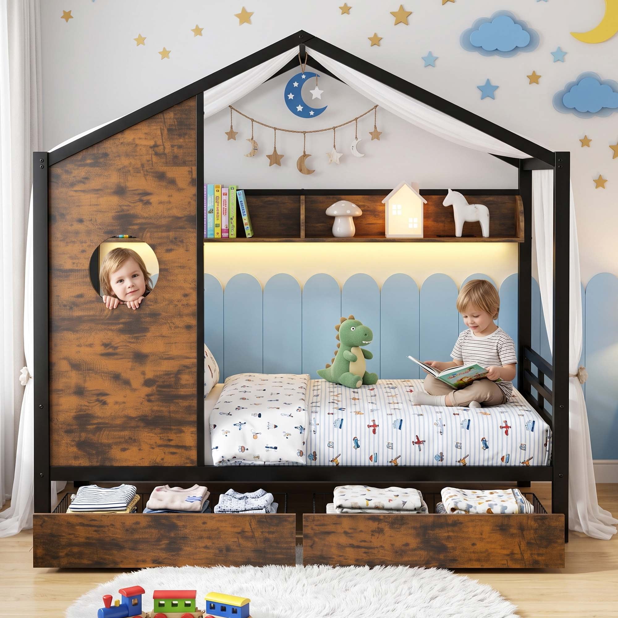 Miniyam Twin Size Metal House Bed with 2 Storage Drawers, Storage Shelf and Charging Station, Black