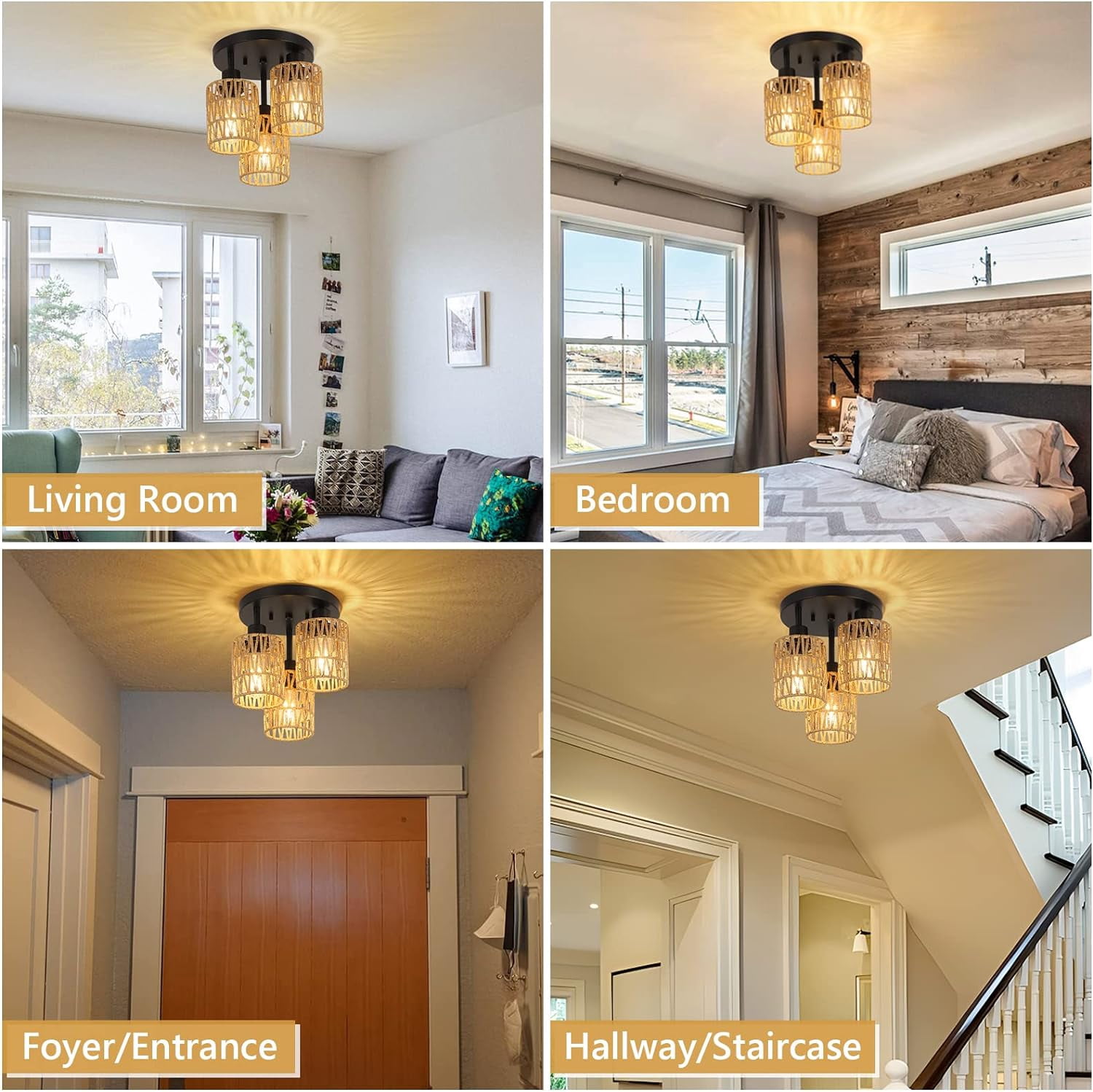 Table Lamp, Flush Mount, Brown Bedroom Lamp,Rattan+Metal LED Lamp, Lighting & Lamps