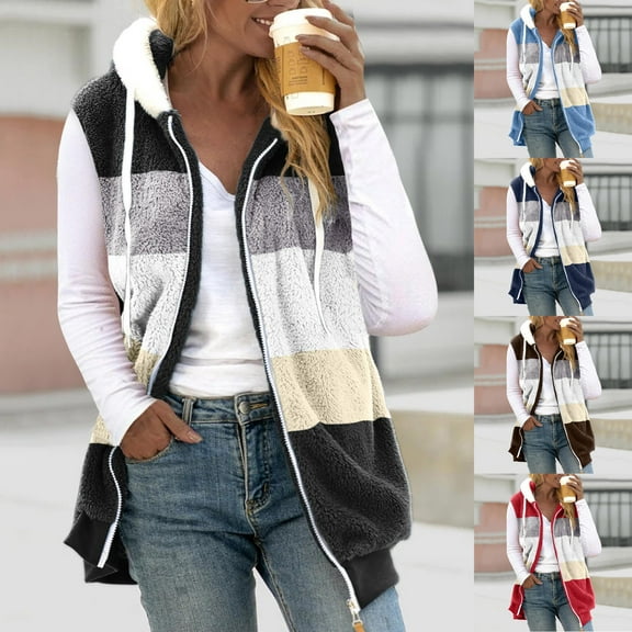 Brondbend Women Vest Jacket Winter Coats Women Hooded Sleeveless Full Zipper Outerwear Multicolor Thick Loose Fit Coats Ladies Travel Tops Black