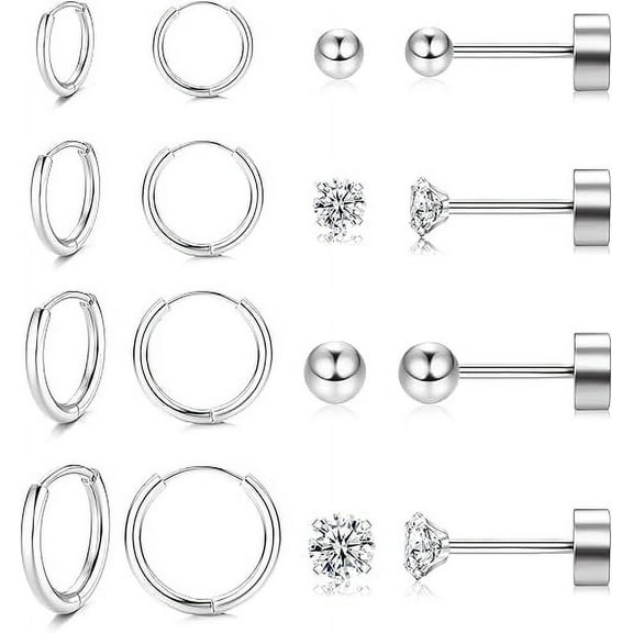 Knubmt 8 Pairs 316L Stainless Steel Earrings Set 14K Gold Plated Small Hoop Earrings Flat Back Stud Earring, Silver