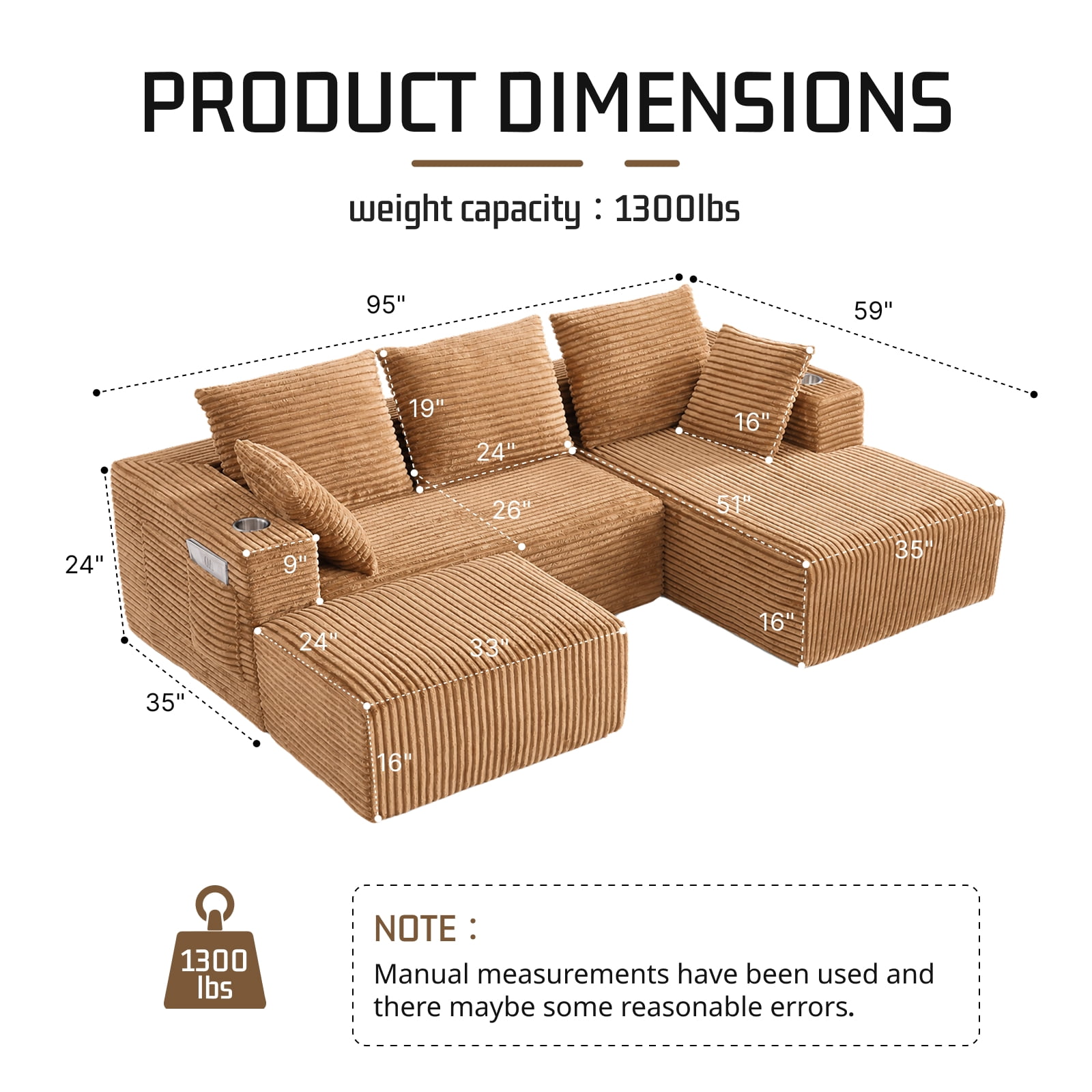 95'' 4 Seater Boneless L Shape Modular Sofa Couch with 4 Pillows, 2 Cup Holders and Ottoman
