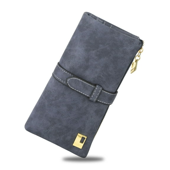 Vegan Leather Wallet, Long Wallet with Multi-Cards for Women, Slim Bifold Purse, Card Holder with Snap, Dark Grey