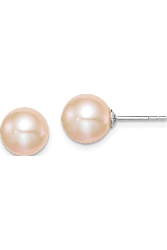 Sterling Silver Rh-Plated 8-9mm Pink Fw Cultured Round Pearl Stud Earrings Made In Canada qe12723