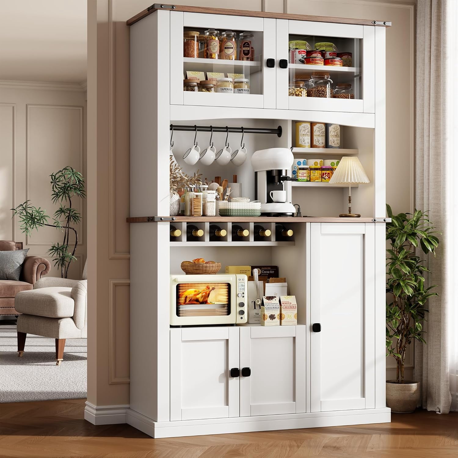 Einhomn 71" Tall Kitchen Pantry Cabinet with Charge Station, 3 Adjustable Shelves, Wine Rack and Glass Door,White