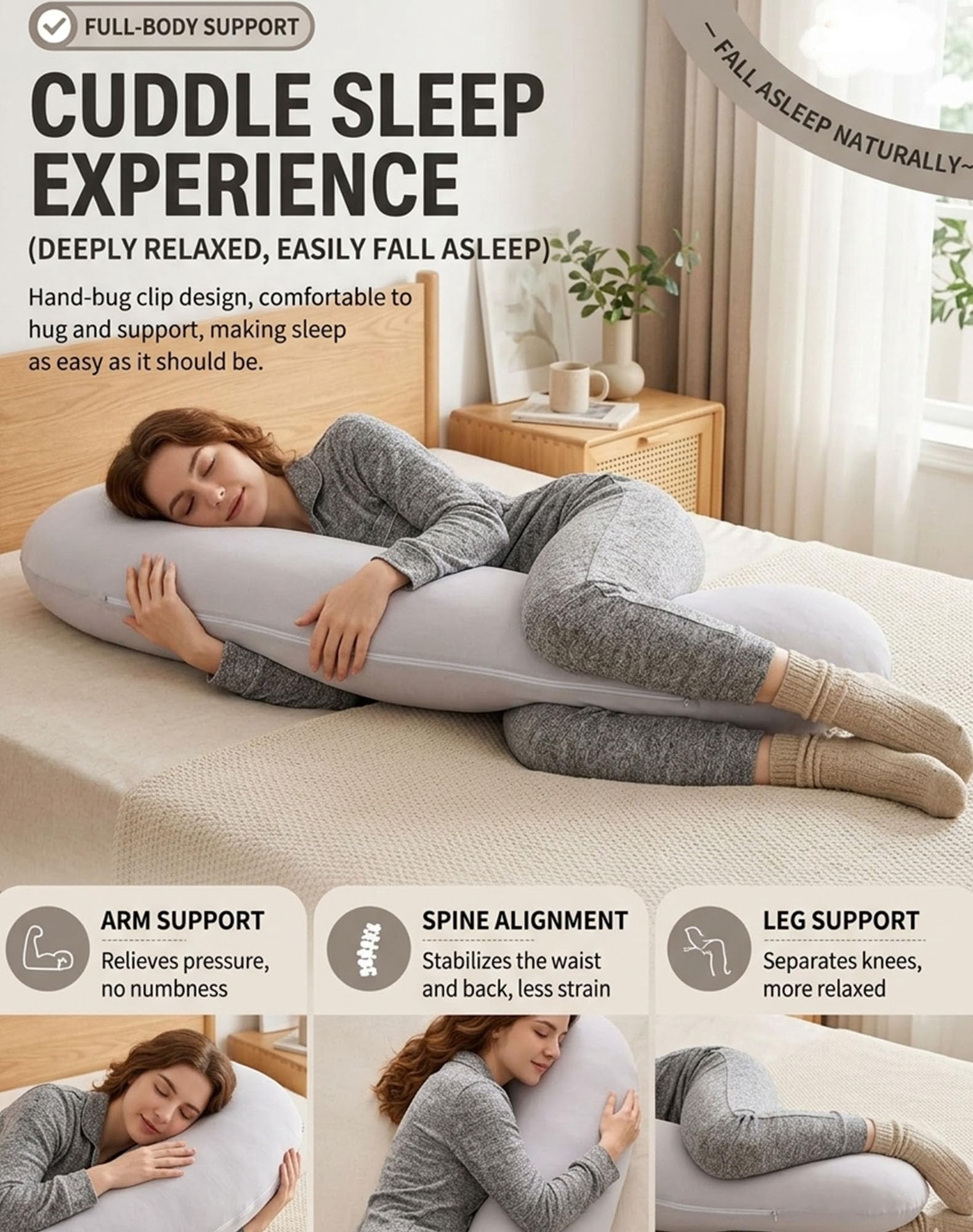 Body Pillow for Side Sleeper, Ergonomic Curve Full Body Support Pillow for Adults Back & Hip Pain Relief, Cooling Cuddle Dual-Zone Memory Foam Long Pillow for Sleeping