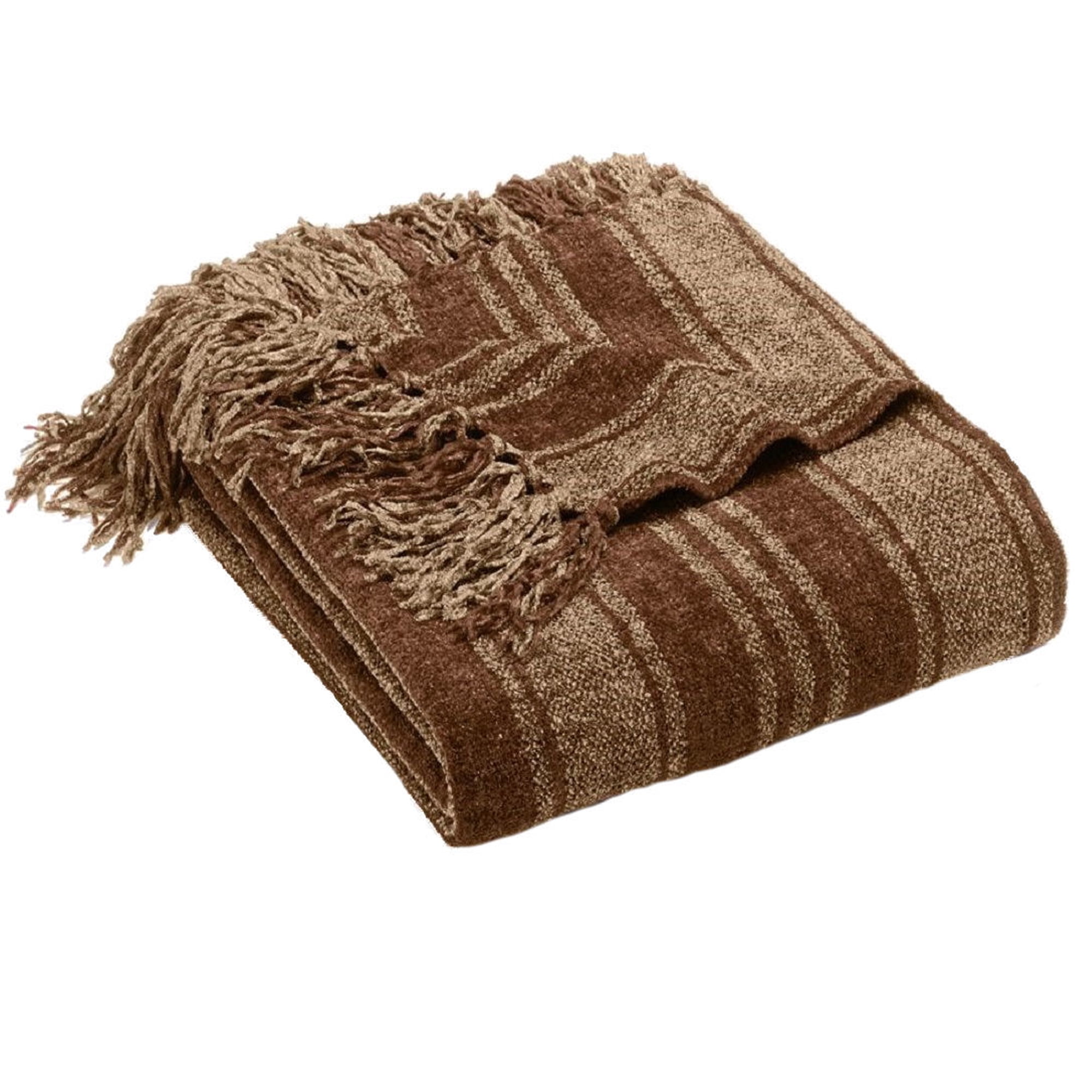 Luxury Striped Chenille Throw Blanket, Brown Plush Blanket