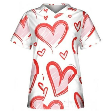 

Kiapeise Valentine s Day Scrubs Tops Women Nurse Working Uniforms Love Heart Print V Neck Short Sleeve Medical Scrub Shirts