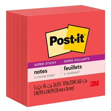 Post-it® Super Sticky Notes, 3 in x 3 in, Red, 5 Pads/Pack