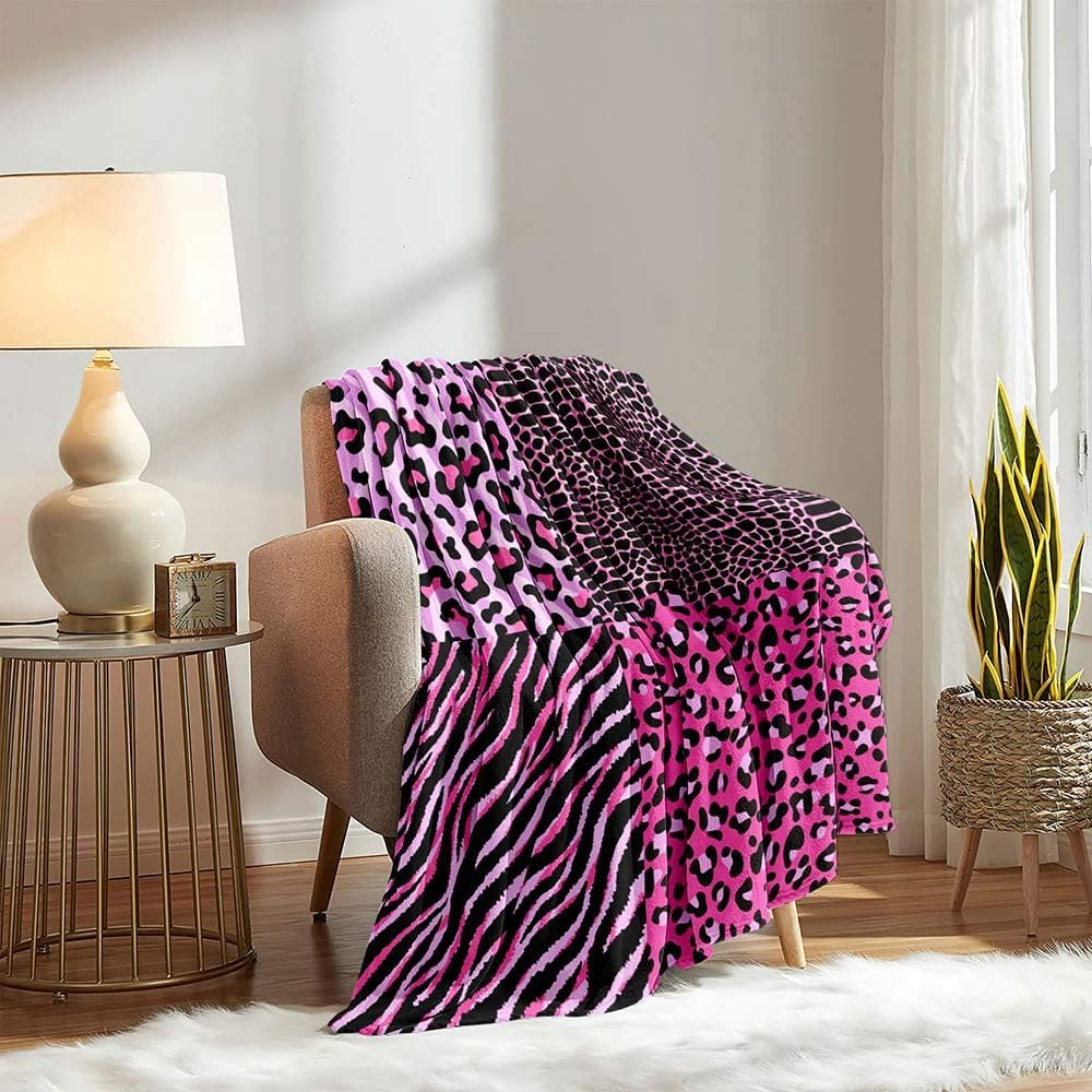 Pink Leopard Throw Blanket, Zebra Print Crocodile Skin Cheetah Print Blanket for Girls, Cozy Warm Soft Lightweight Fluffy Fuzzy Plush Flannel Blanket Fleece Blanket for Couch, Sofa, 50"x60"