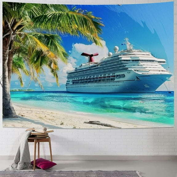 PRATYUS  Cruise Ship Tapestry Sea Palm Tree Coral Beach Tapestry Wall Hanging Tropical Island Sunshine Summer Holiday Tapestries Wall Art for Bedroom Living Room Dorm Home Decor 40x30inch
