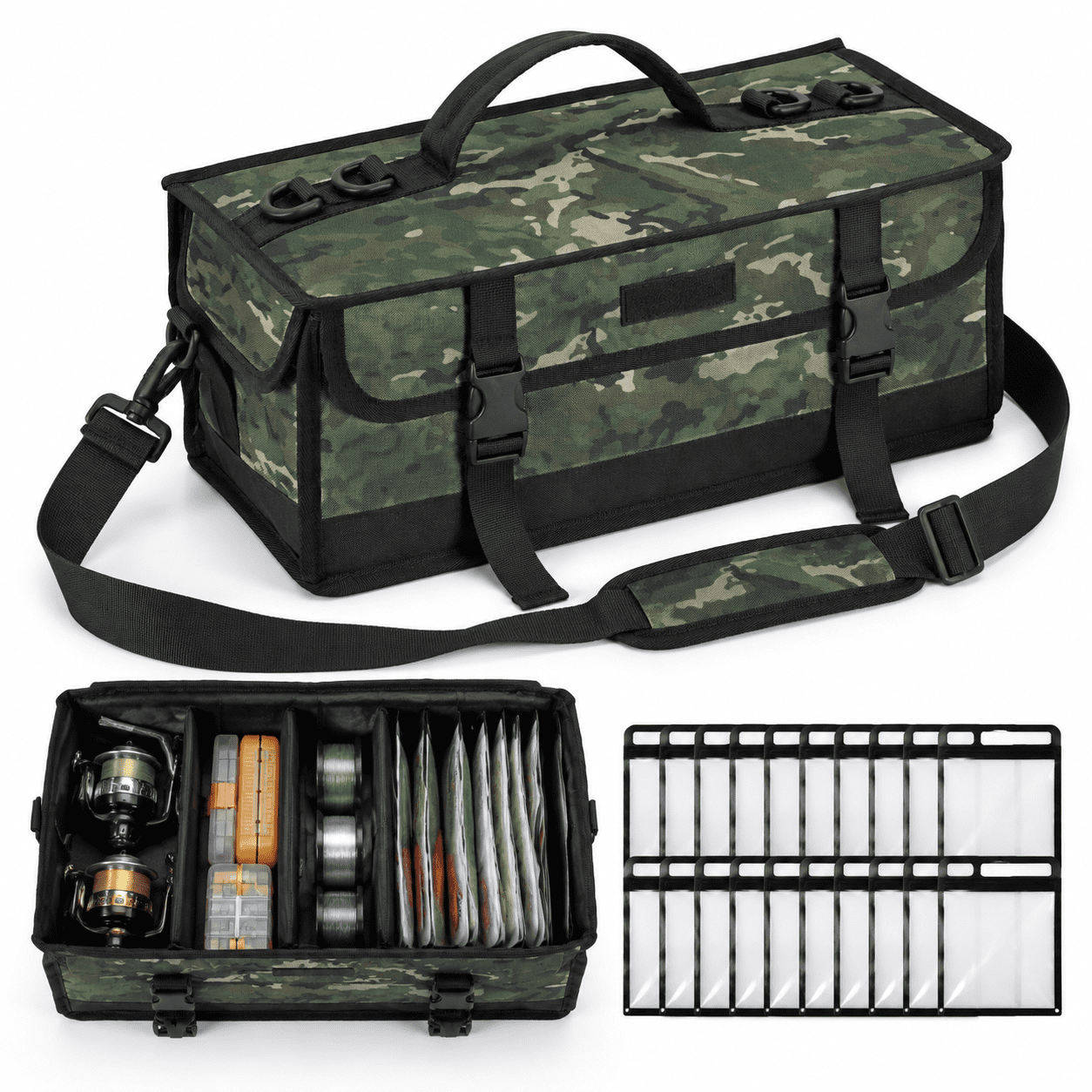 Green Camo Soft Plastic Bait Tackle Bag with 20 Pouches for Fishing Gear Organization