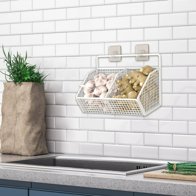 TIMIFIS Plastic Storage Basket No Punch Ginger Garlic Hanging Basket Kitchen Shelf Wall Mounted Spice Frame Household Gods Ginger Garlic Kitchen Multi Function Organizer Kitchen Gadgets