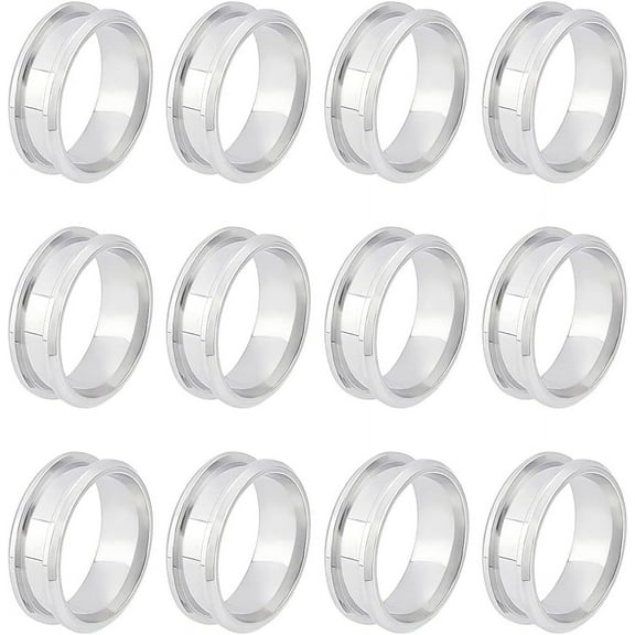 12pc Blank Core Ring Size 9 Stainless Steel Grooved Finger Ring Hypoallergenic Empty Ring Blanks for Inlay Ring Jewelry Wedding Band Making Silver