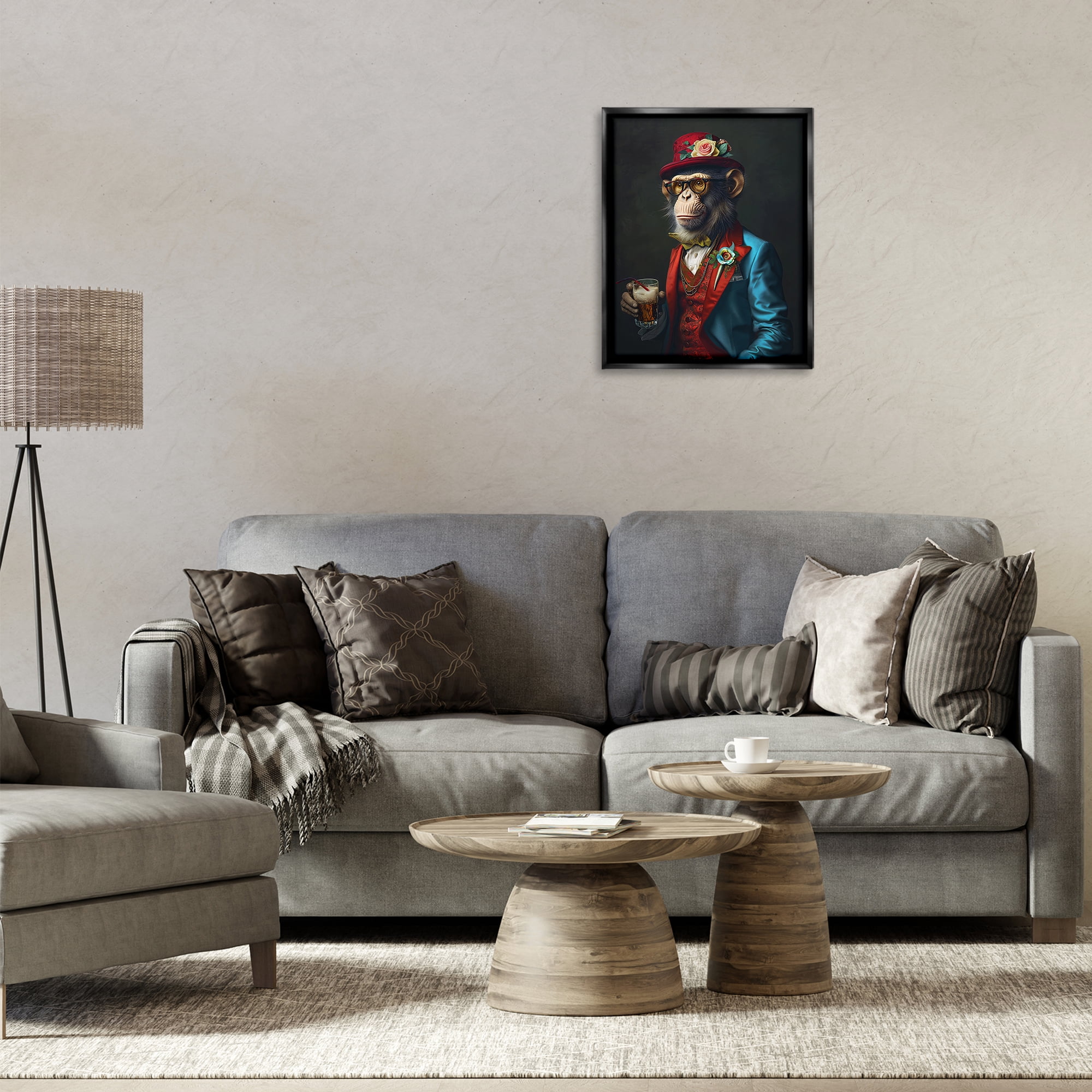 Stupell Industries Monkey with Fancy Outfit Animals & Insects Painting Black Floater Framed Canvas Art Print Wall Art, 17 x 21