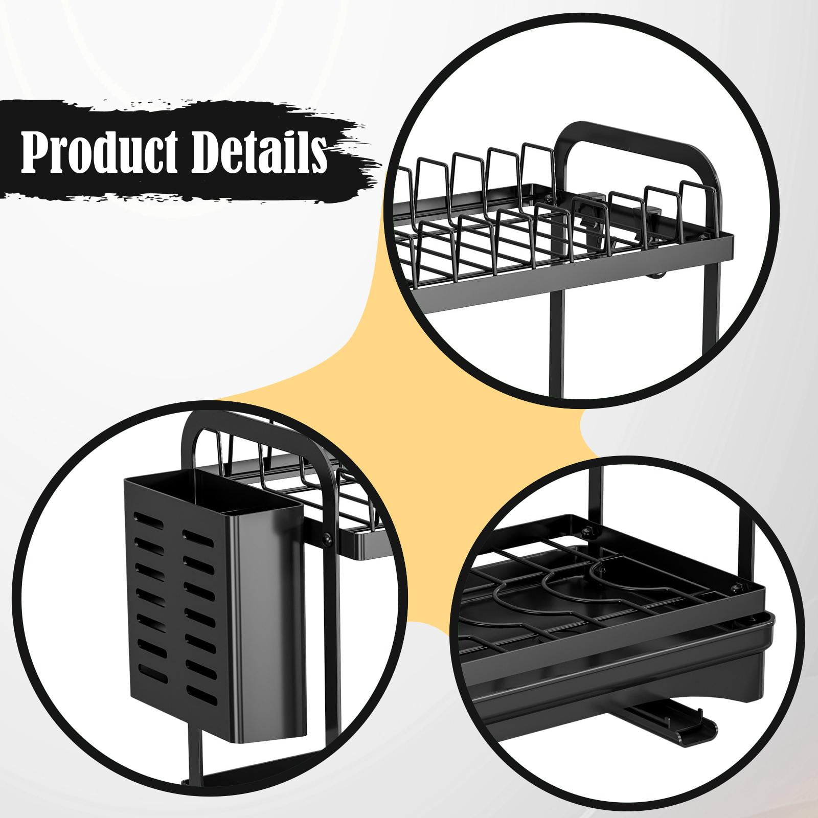 Fiocias 2 Layer Kitchen Dish Drying Rack Space Saving Carbon Steel Drainer with Tray for Black