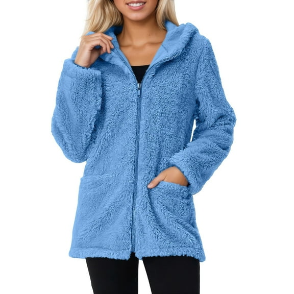 Fleece Jacket Women Winter Warm Full Zip Up Fuzzy Sherpa Coats with Coat Sky Blue M