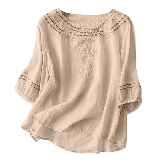 Wovix Women Plus Size Shirts Embroidered Tops for Women Trendy Summer Boho 3/4 Sleeve Blouse Dressy Casual Vacation Top Beige L
