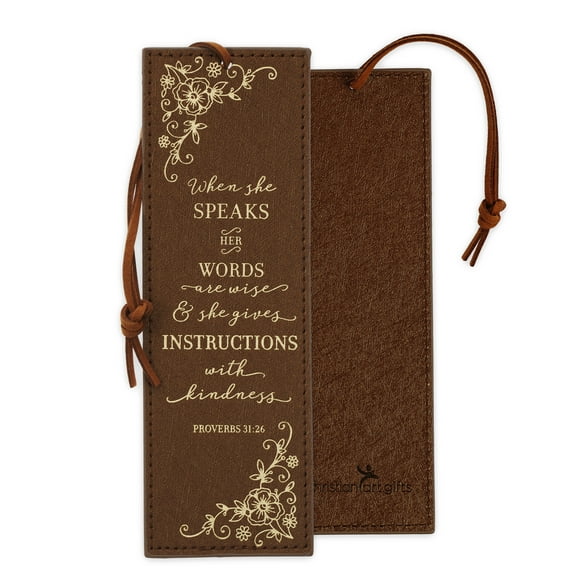 Christian Art Gifts Faux Leather Bookmark When She Speaks Her Words are Wise Proverbs 31 Woman Bible Verse w/Cord Tassel, Brown