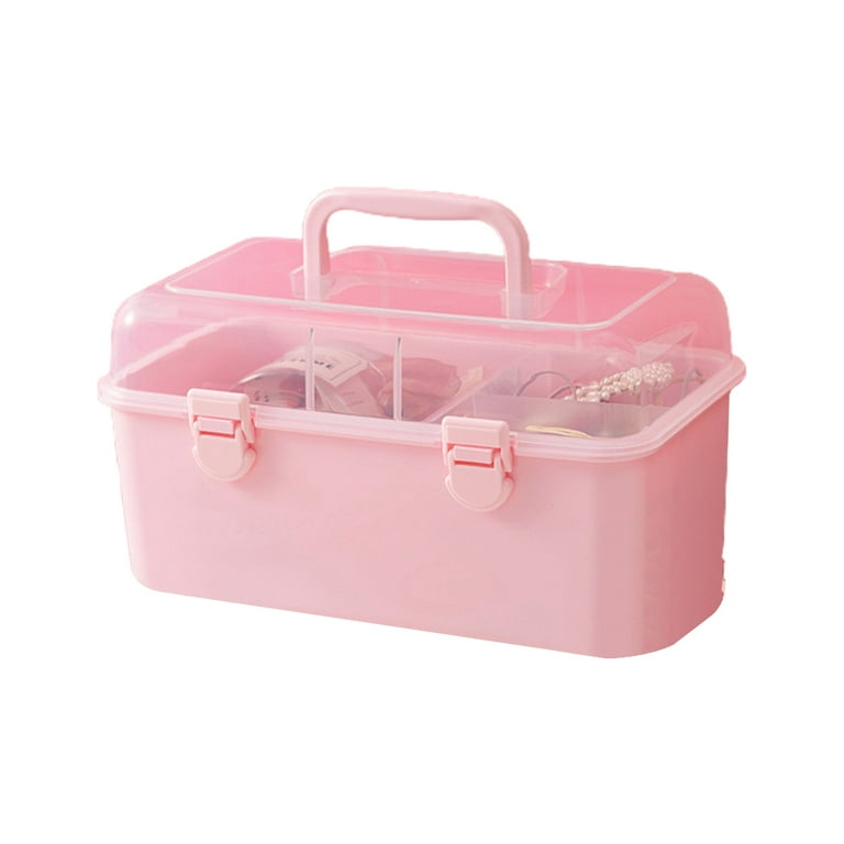  YARNOW Clear Double Layer Plastic Storage Box, 6. 9 x 4. 9 Inch  Portable Handled Storage Case, Multipurpose Organizer with Removable Tray  for Stationery Art Craft (Pink)