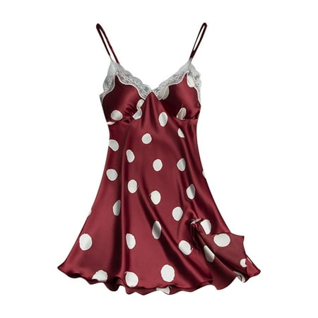 Puntoco Plus Size Nightdress Clearance Women Polka Dot Printing Satin Sling Skirt Dress Lingerie Home Wear Pajamas Nightdress Wine 8(L)