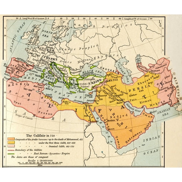 Carte de l'Expansion Musulmane et de l'Empire Byzantin à la Fin du Califat Omeyyade, en 750. de l'Atlas Historique, Publié en 1923. par Ken Welsh / Design Pics (15 x 13)