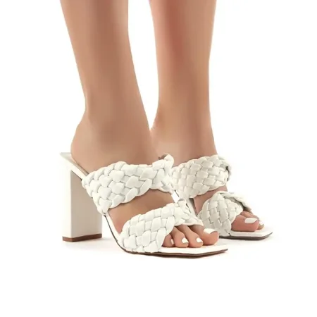 

Women‘s Chunky Heel Sandals Woven Upper Strap High Heels Solid Color Open Square Toe Slippers