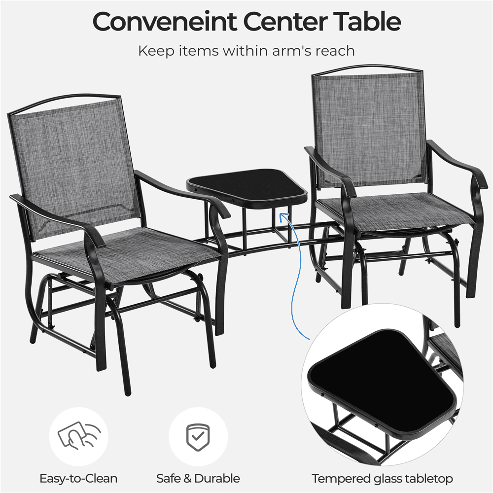 Alden Design 2-Person Texteline Patio Glider Chair W/ Table for Outdoor, Gray