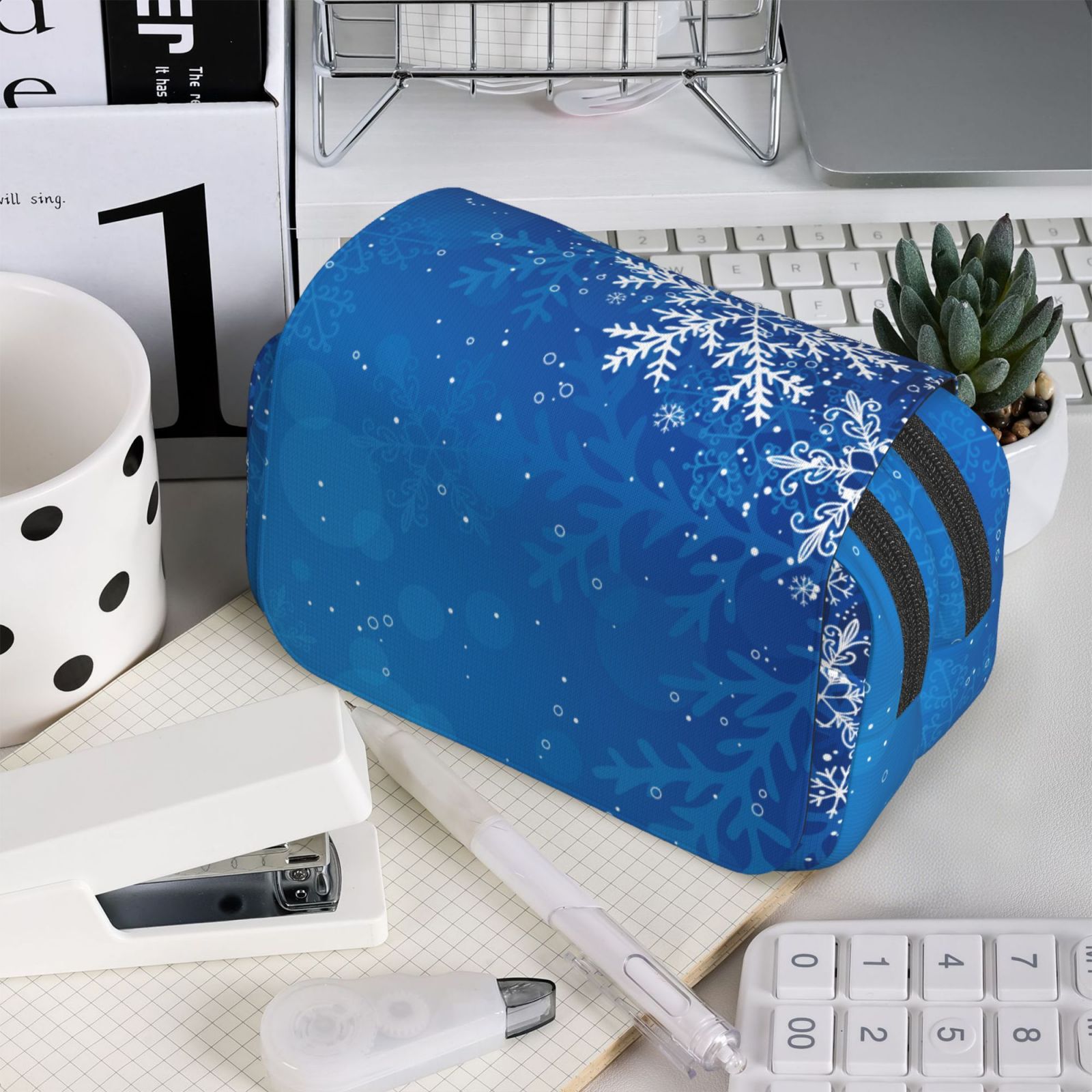 Rateoe Blue Christmas With Snowflakes Pattern Double Clamshell Pen Case, Storage Organizer with Two Zipper Compartments– Holds Up to 50 Pencils & Pens