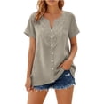 thumbnail image 5 of Auralook Womens Short Sleeve Tops Cotton Linen Shirts Loose Casual V Neck Button Lace Blouses Summer Vacation Clothes, 5 of 9