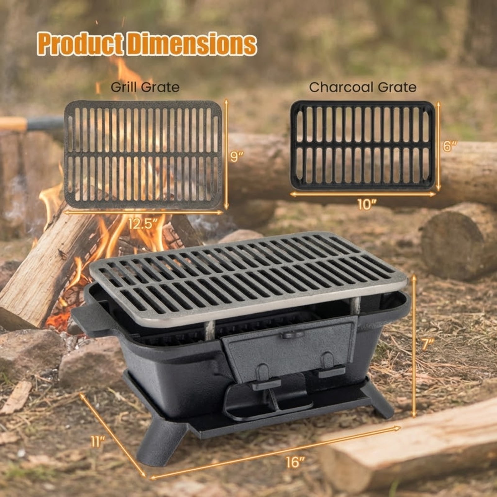 Biotree 100% Cast Iron Hibachi Charcoal Grill with Adjustable Height Grate and Grill Grate Lifter - Black