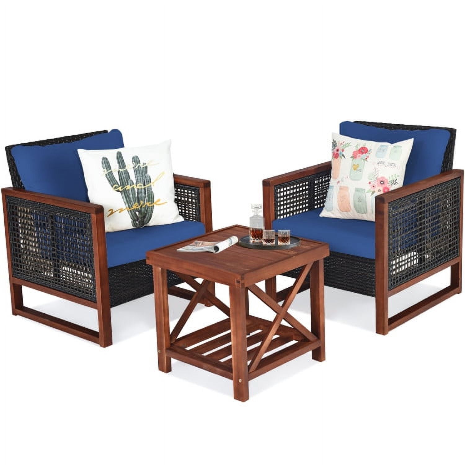 Aimee Lii 3 Pieces Patio Rattan Furniture Set with Washable Cushion and Acacia Wood Tabletop, Small Patio Set, Navy Aimee Lii 3 Pieces Patio Rattan Furniture Set with Washable Cushion and Acacia Wood Tabletop, Small Patio Set, Navy
