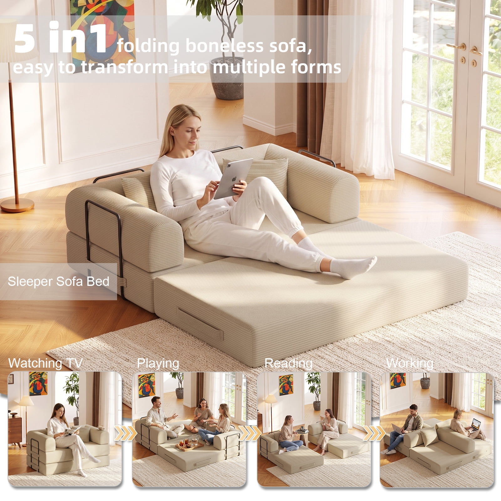 59in Convertible Sofa Bed Corduroy Boneless Couch Bed Foldable Sofa Bed Pull Out Bed Futon Sleeper Sofa No Assembly