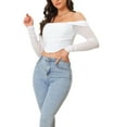 thumbnail image 4 of INSPIRE CHIC Mesh Sheer Long Sleeve Corset Crop Top for Women Ruched Off Shoulder Blouse Push Up Party Boned Bustier M White, 4 of 6